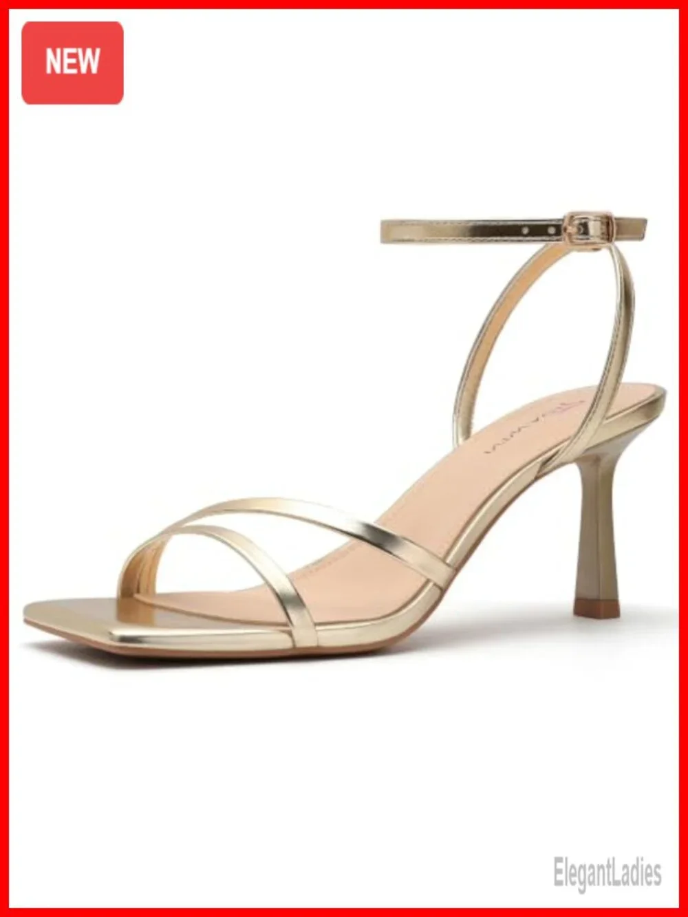 Square Toe Strappy Kitten Heel Sandals Adjustable Ankle Strap Faux Leather